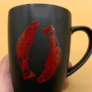 Black Ceramic Cup, Mugwith Red Salmon indigenous art Logo